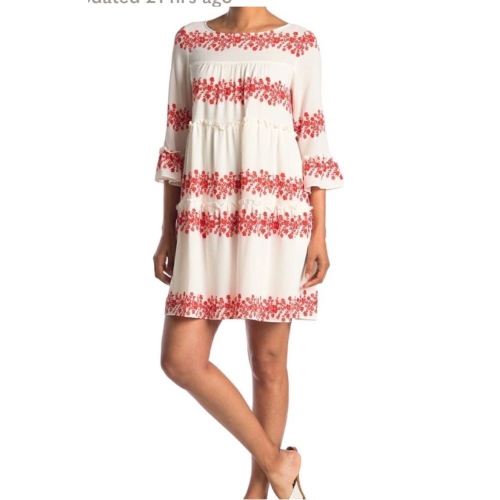 NWT Gabby Skye White Red embroidered Ruffled Breezy Boho Chic Summer Dress Sz S